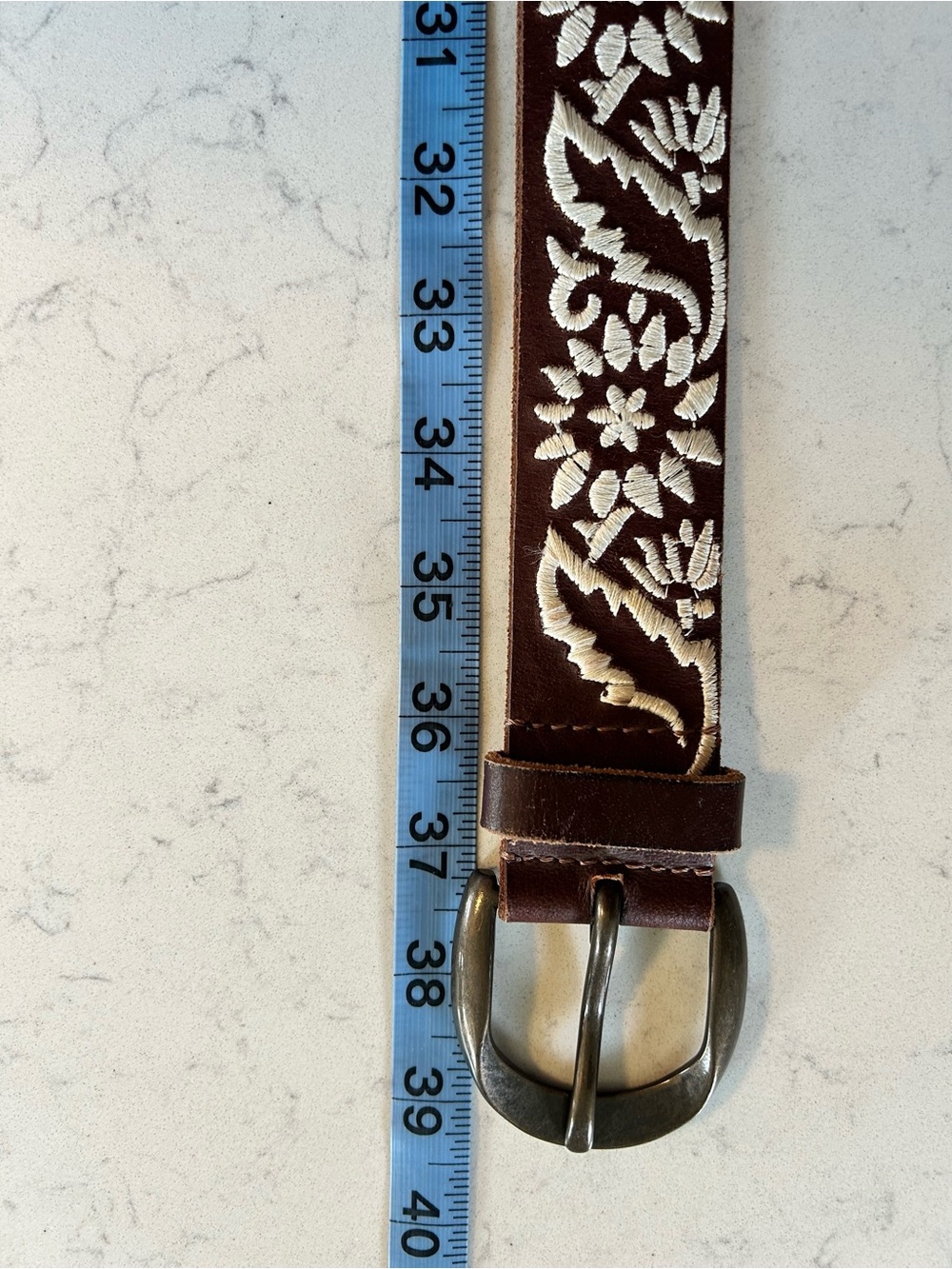 🍀Vintage Lucky Brand Dark Brown Leather Belt With White Floral Embroidery XS - Picture 9 of 11